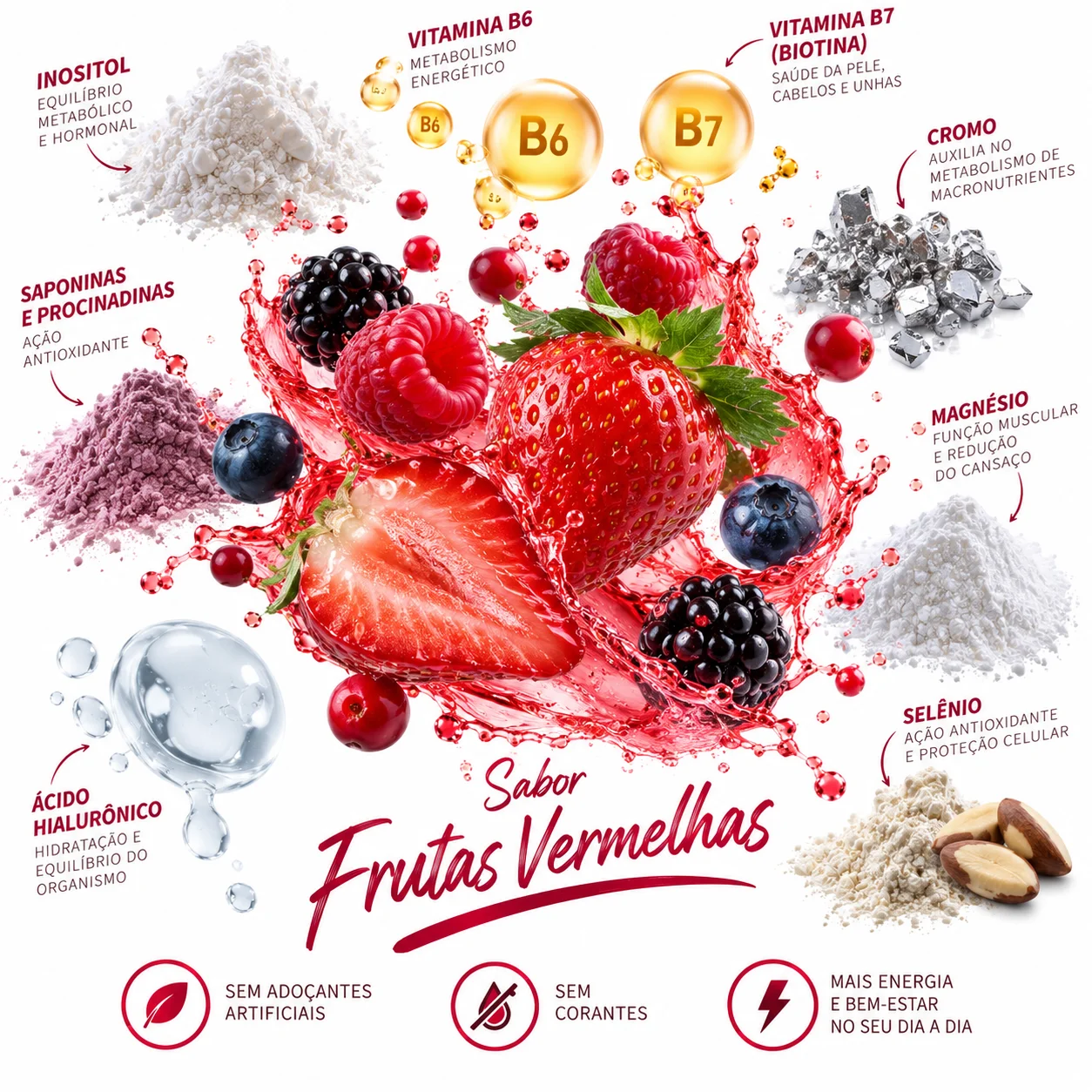 Ativos da fórmula: inositol, vitaminas B6 e B7, cromo, magnésio, selênio, saponinas, procianidinas e ácido hialurônico