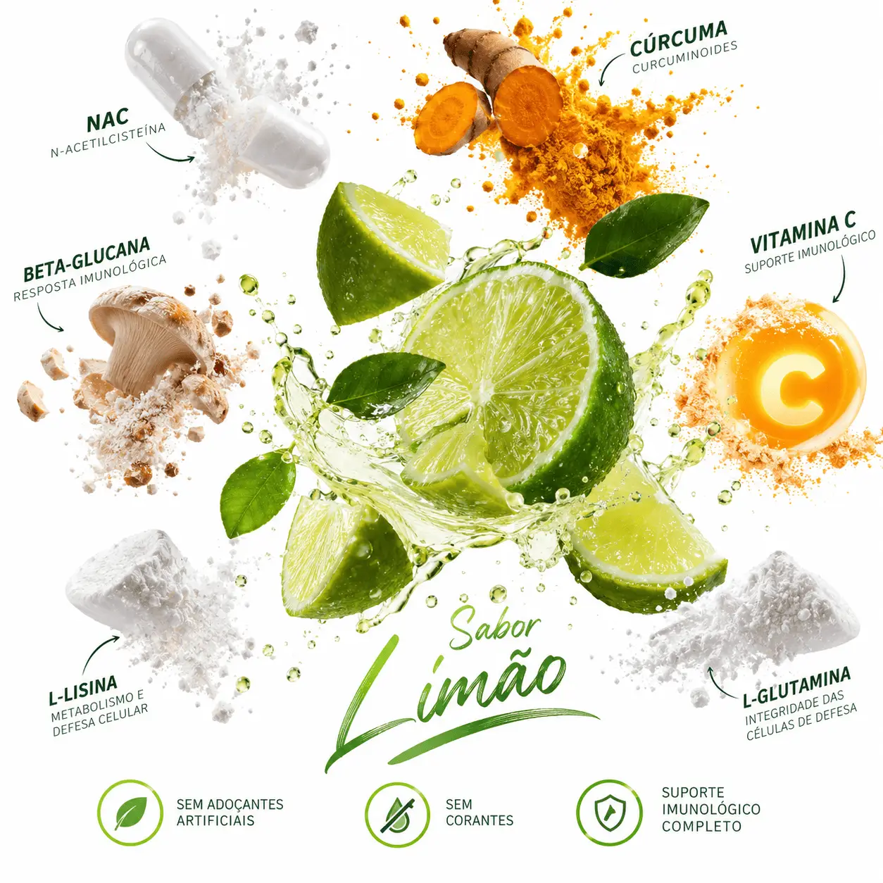Ativos da fórmula: NAC, cúrcuma, vitamina C, beta-glucana, L-lisina e L-glutamina
